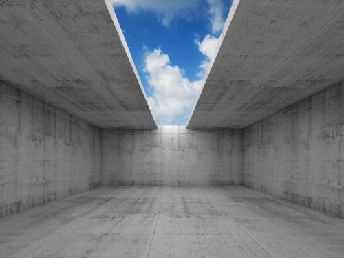 Abstract architecture, empty concrete room interior with opening in ceiling, 3d illustration, blue sky background