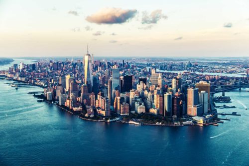 Cityscape surrounded by water