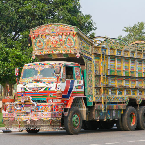 Colorful Indian truck on a highway near Jaipur, Rajasthan, India