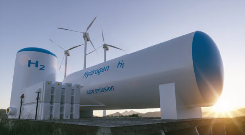 Hydrogen renewable energy production - hydrogen gas for clean electricity solar and windturbine facility. 3d rendering. (Hydrogen renewable energy production - hydrogen gas for clean electricity solar and windturbine facility.