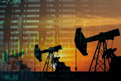 crude oil pumps with stock charts overlay